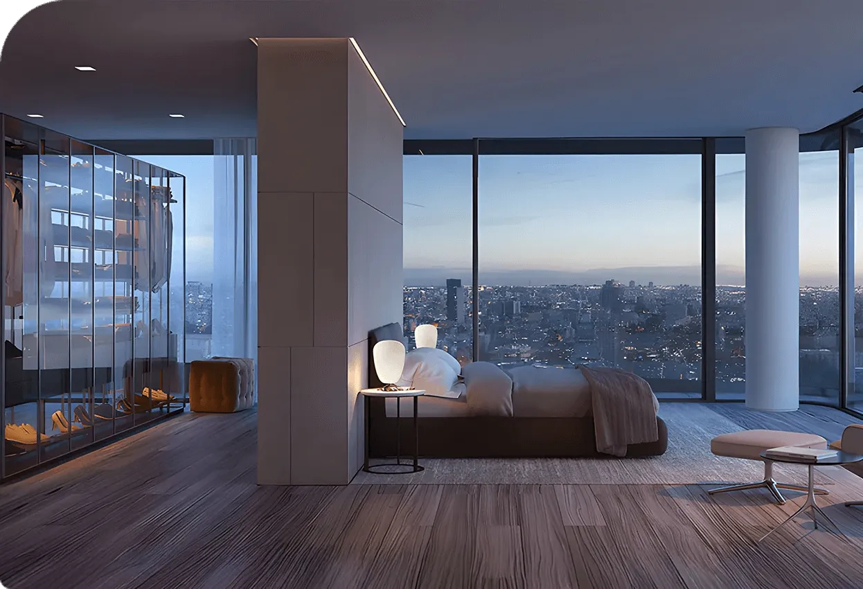 Luxury modern bedroom with floor-to-ceiling windows overlooking the city skyline at dusk.