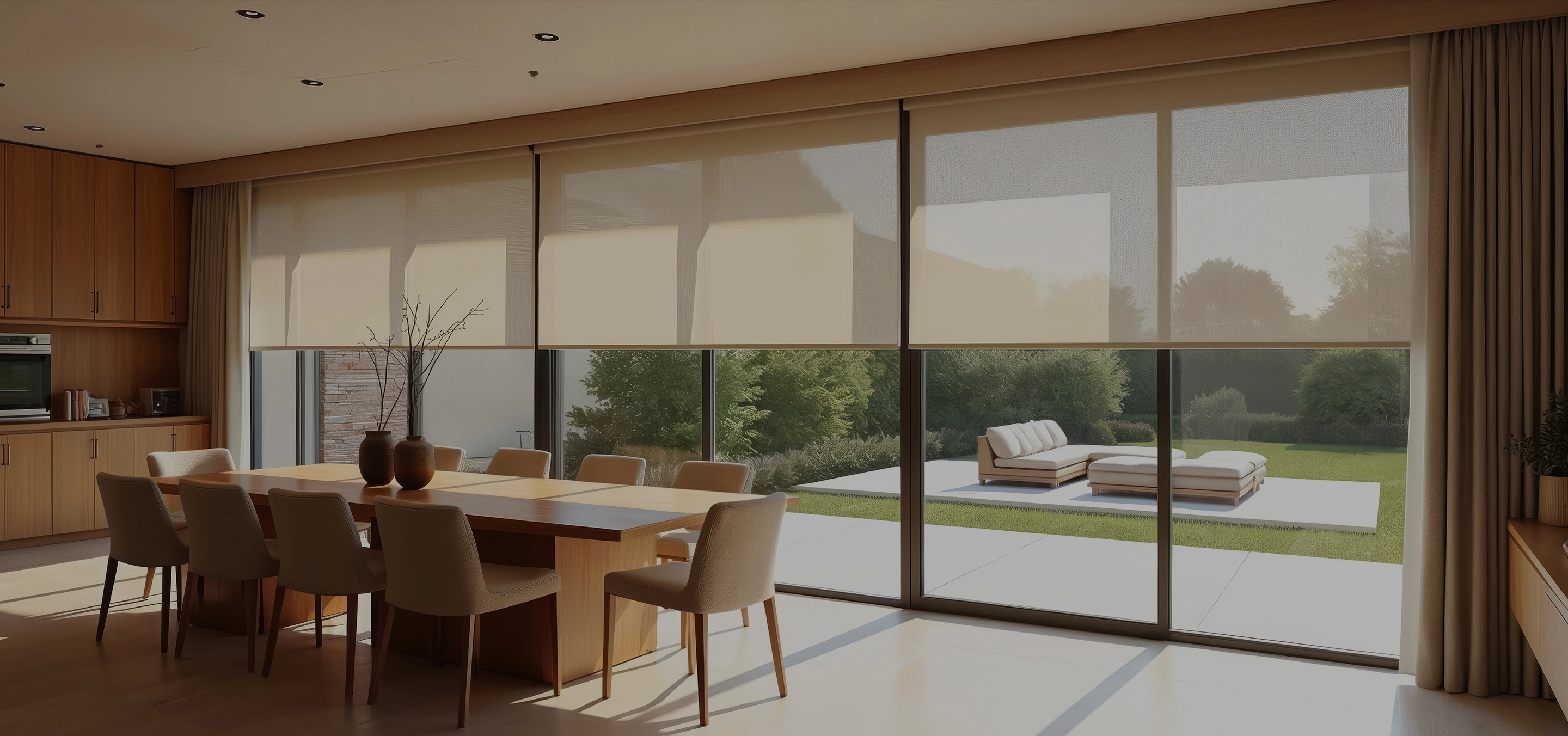 Stylish modern living room interior with dark accent wall, wooden slat panel, cozy armchair, warm ambient lighting, and lush indoor plants by the window.