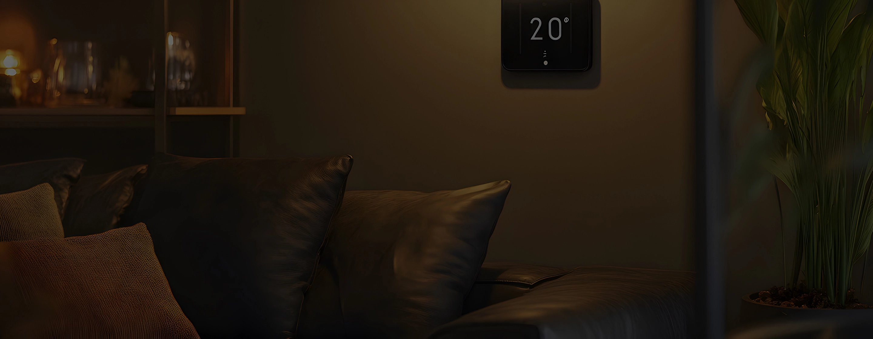 Living room with smart thermostat set to 20 degrees.