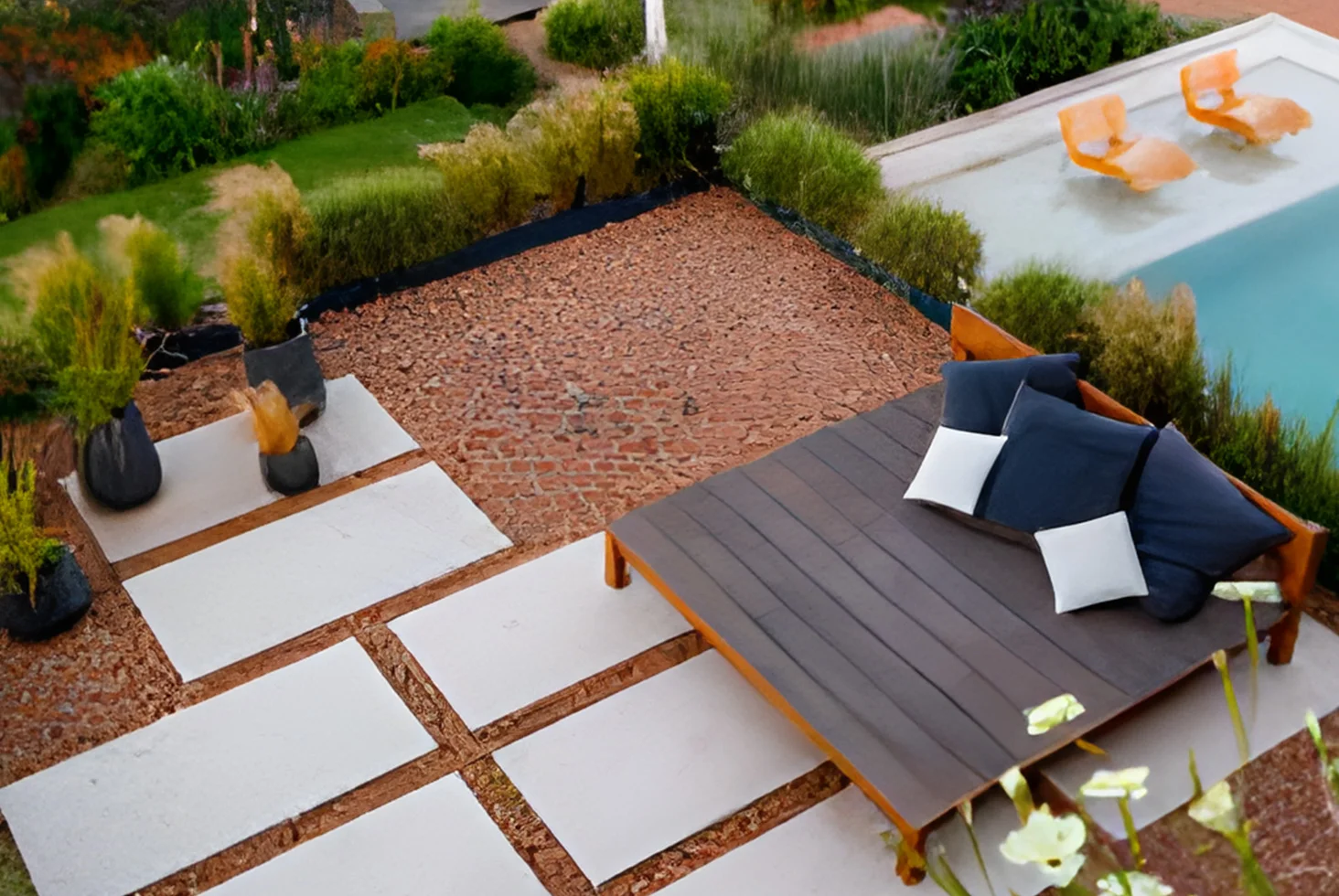 Nordelta residential outdoor lounge with modern deck and pool view.