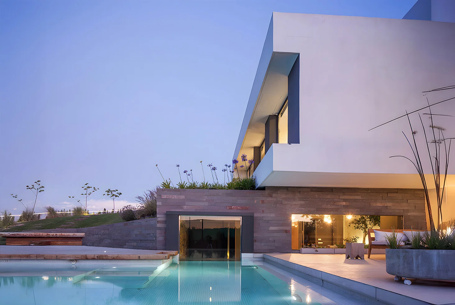 Casa Rampa residential architecture at sunset.