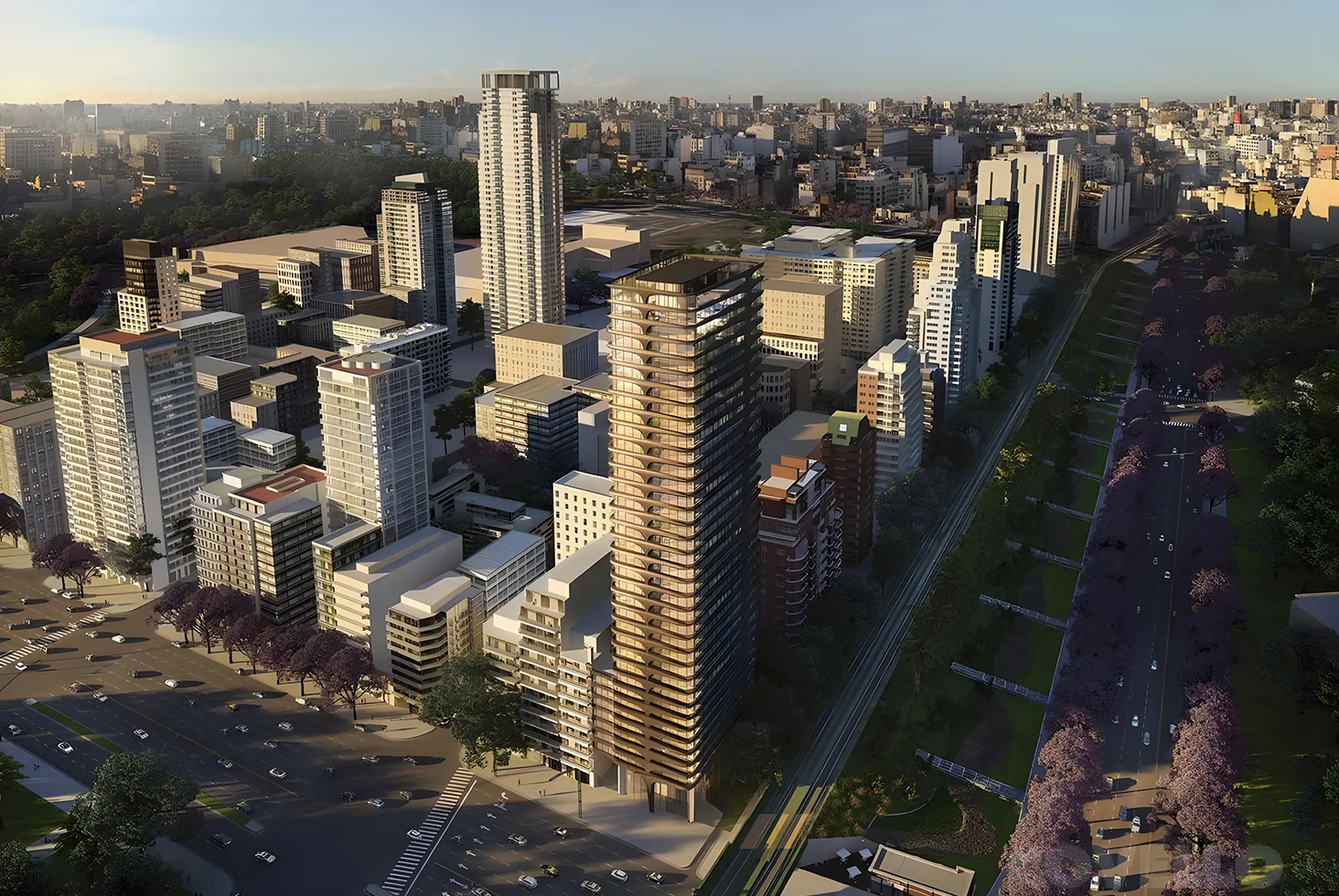 Aerial view of L Avenue Zaha Hadid Multi-Residential tower rising above the Buenos Aires skyline.