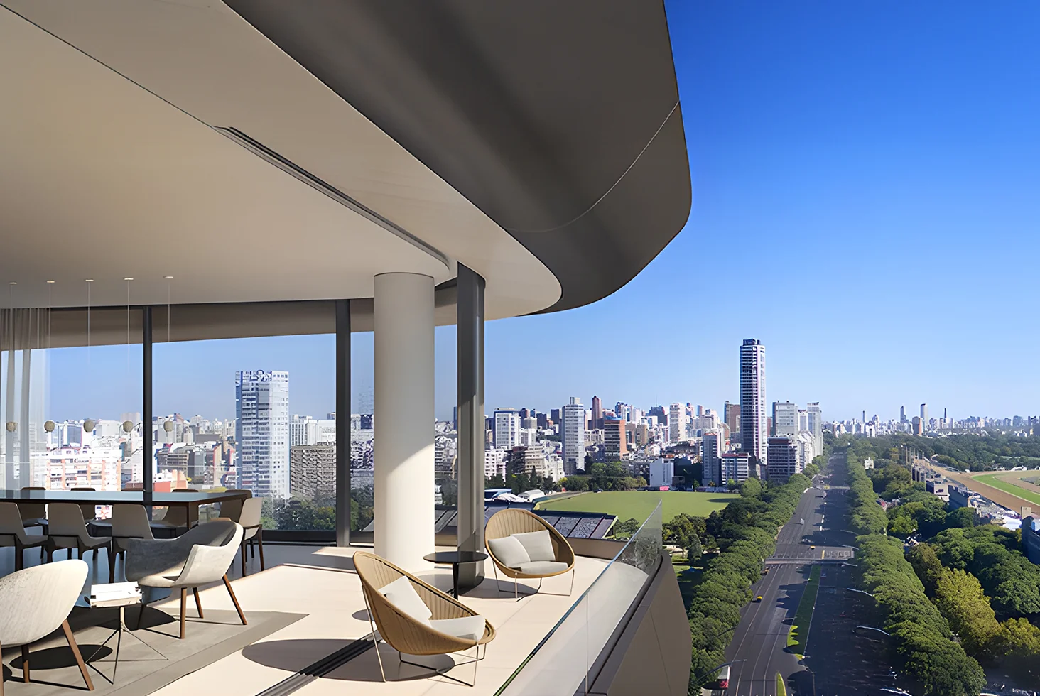 Spacious terrace of L Avenue Zaha Hadid Multi-Residential residence, offering skyline and park views of Buenos Aires.
