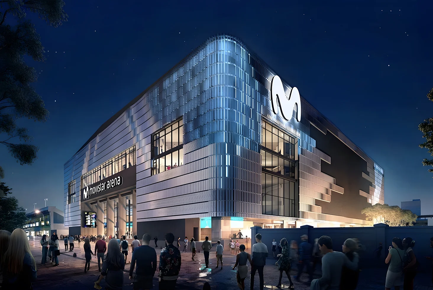 Night view of Movistar Arena exterior.